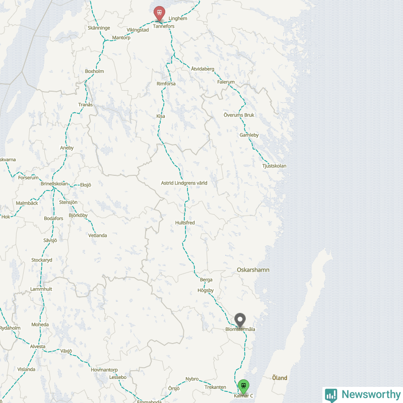 Karta över förseningar vid olika avgångsstationer. Här visas stationer med fler än fem avgångar under månaden.