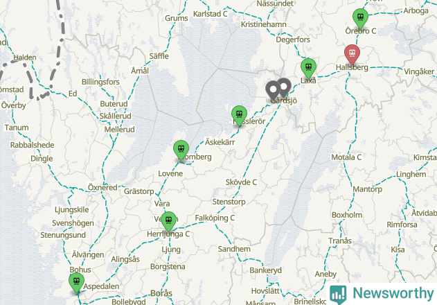 Karta över förseningar vid olika avgångsstationer. Här visas stationer med fler än fem avgångar under månaden.