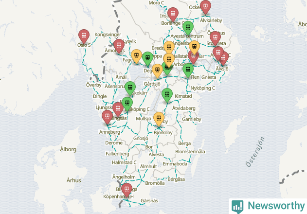 Karta över förseningar vid olika avgångsstationer.