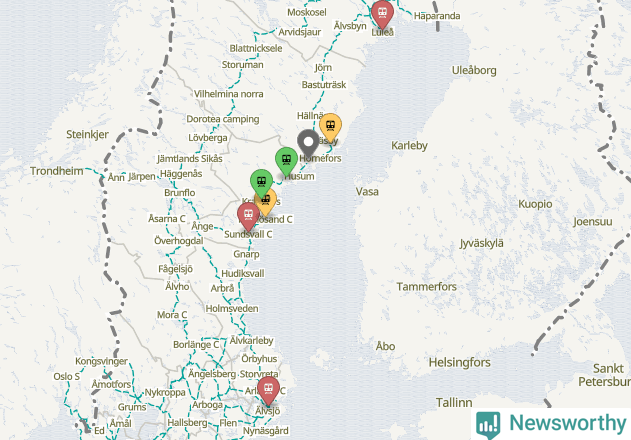 Karta över förseningar vid olika avgångsstationer.