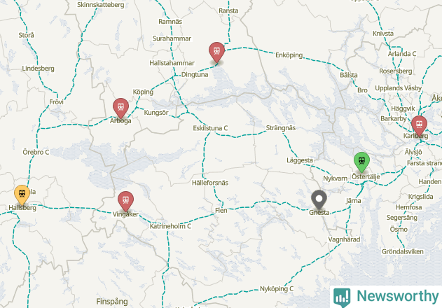 Karta över förseningar vid olika avgångsstationer.