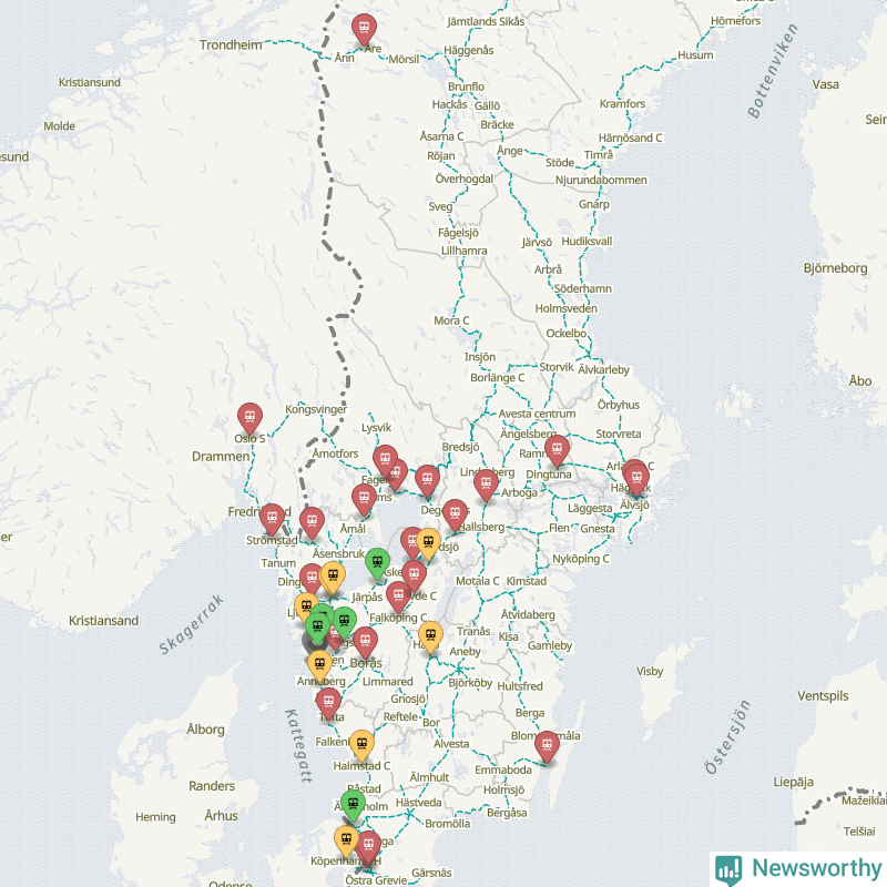 Karta över förseningar vid olika avgångsstationer. Här visas stationer med fler än fem avgångar under månaden.