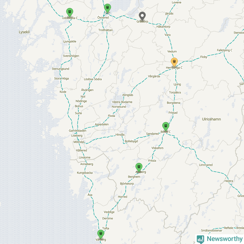 Karta över förseningar vid olika avgångsstationer. Här visas stationer med fler än fem avgångar under månaden.