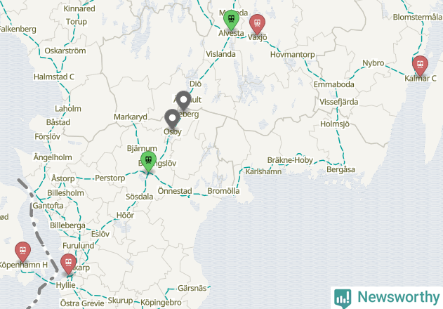 Karta över förseningar vid olika avgångsstationer.