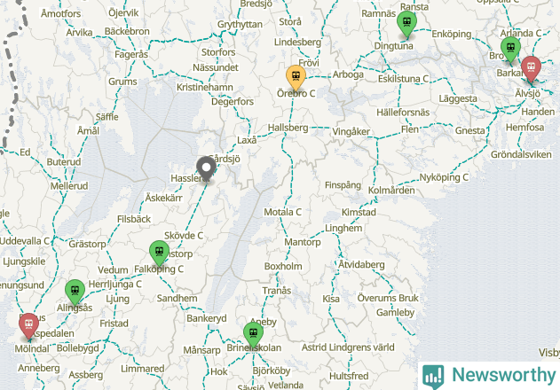 Karta över förseningar vid olika avgångsstationer.