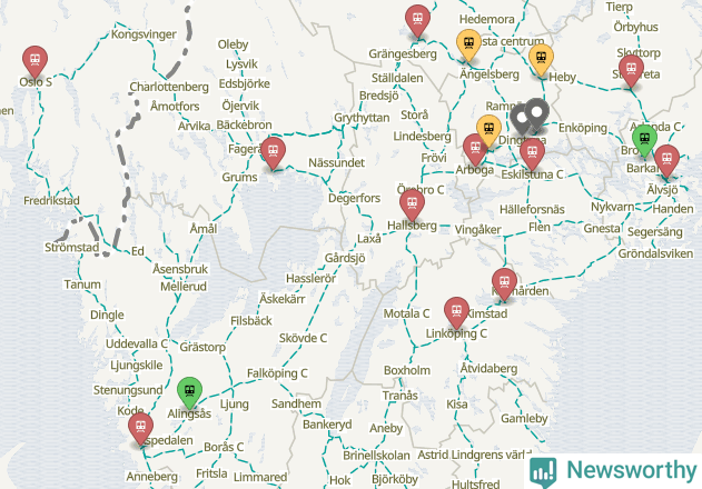 Karta över förseningar vid olika avgångsstationer.