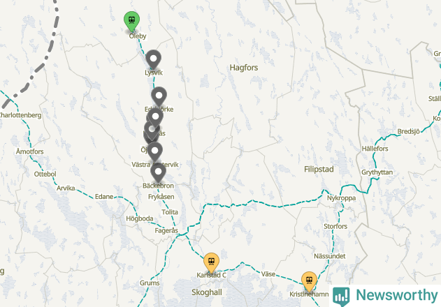 Karta över förseningar vid olika avgångsstationer. Här visas stationer med fler än fem avgångar under månaden.
