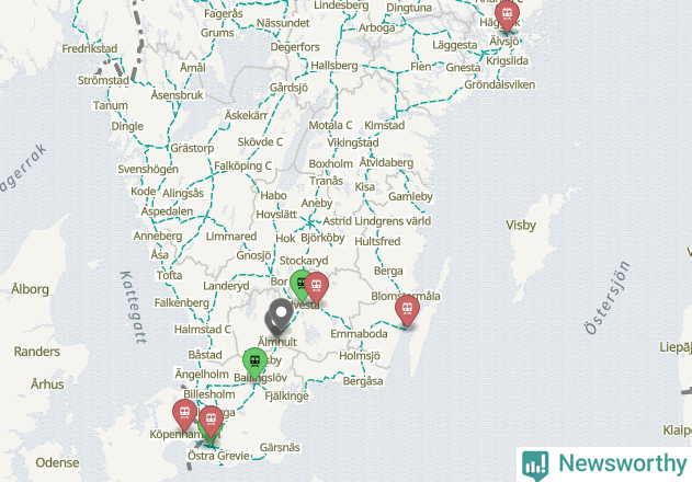 Karta över förseningar vid olika avgångsstationer.