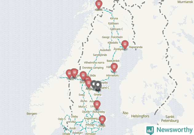 Karta över förseningar vid olika avgångsstationer.