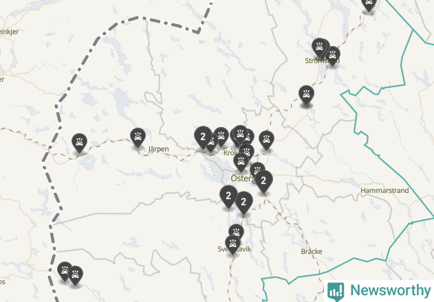 Karta över viltolyckor i Jämtlands län