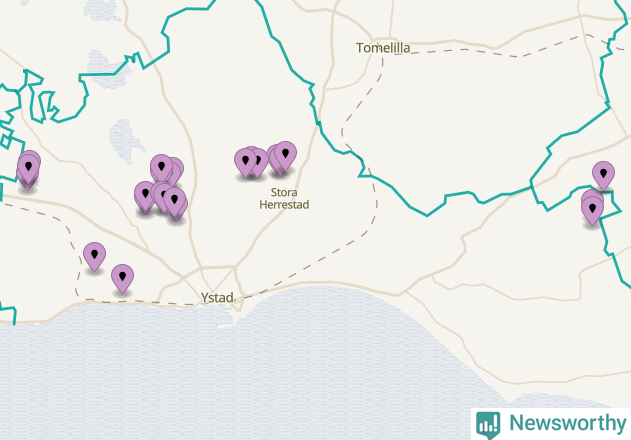 Karta över vindkraftverk i Ystads kommun