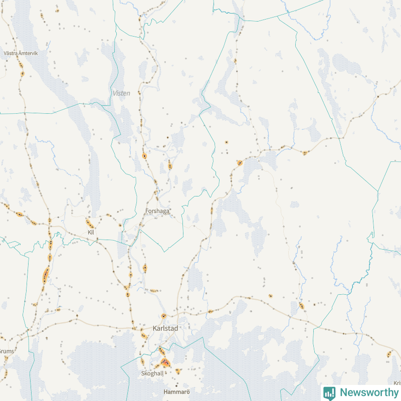 Karta som visar viltolyckornas fördelning som punkter eller röda fält