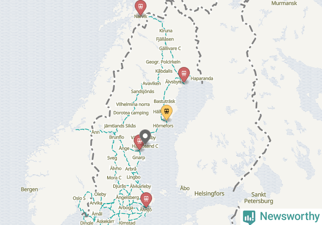 Karta över förseningar vid olika avgångsstationer.