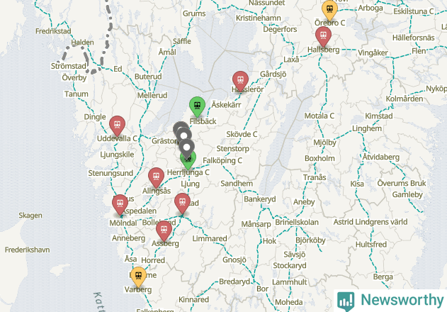 Karta över förseningar vid olika avgångsstationer.