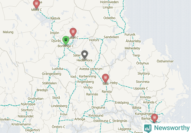 Karta över förseningar vid olika avgångsstationer.