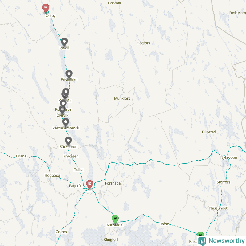 Karta över förseningar vid olika avgångsstationer. Här visas stationer med fler än fem avgångar under månaden.