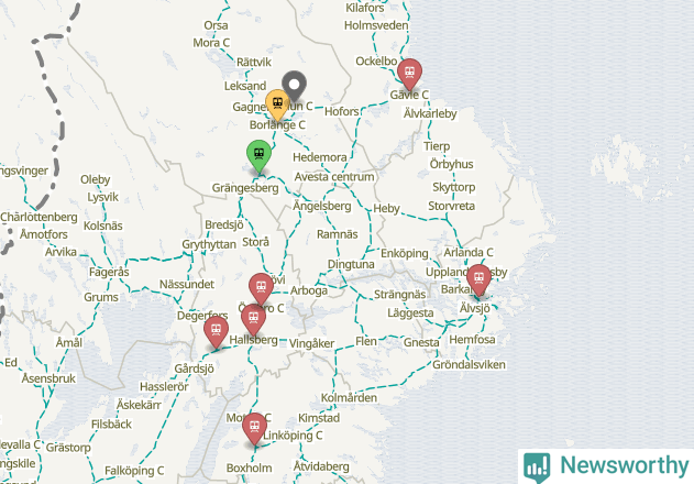 Karta över förseningar vid olika avgångsstationer.