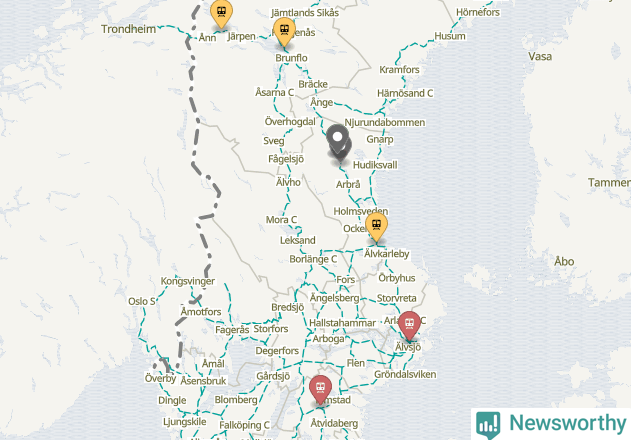Karta över förseningar vid olika avgångsstationer.