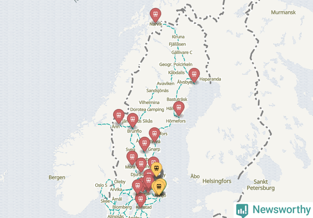 Karta över förseningar vid olika avgångsstationer. Här visas stationer med fler än fem avgångar under månaden.