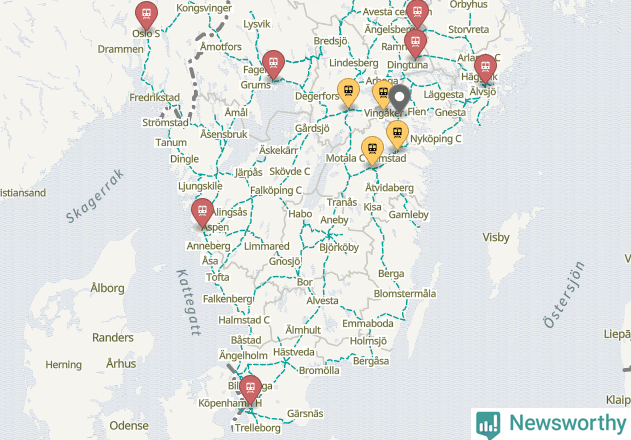 Karta över förseningar vid olika avgångsstationer.