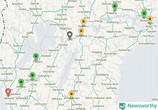 Karta över förseningar vid olika avgångsstationer.