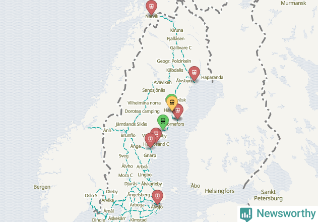 Karta över förseningar vid olika avgångsstationer.