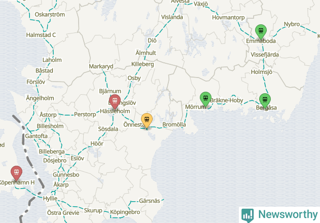 Karta över förseningar vid olika avgångsstationer.