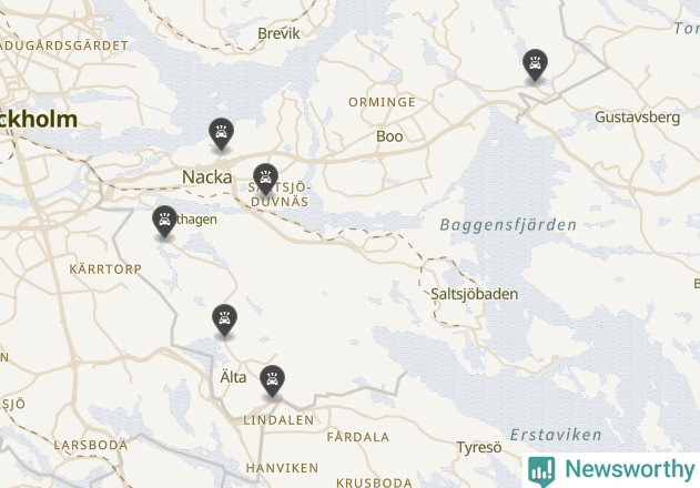 Karta över viltolyckor i Nacka kommun