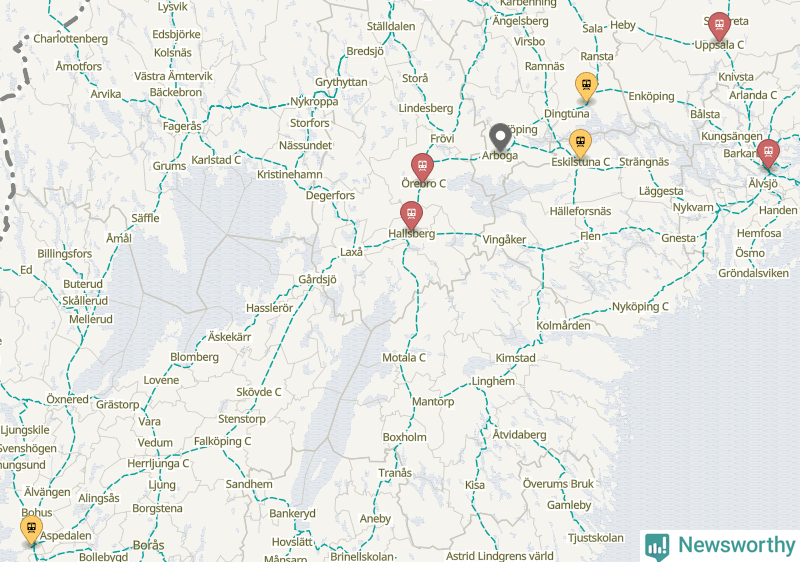 Karta över förseningar vid olika avgångsstationer. Här visas stationer med fler än fem avgångar under månaden.