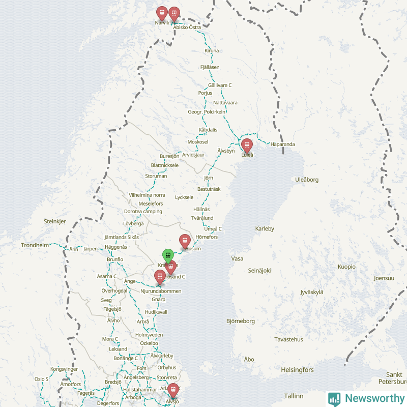 Karta över förseningar vid olika avgångsstationer