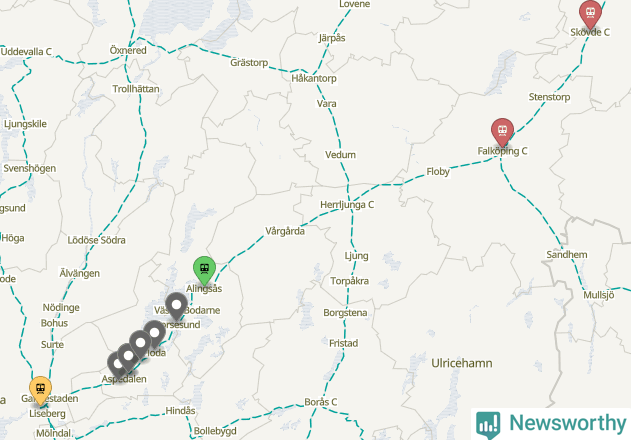 Karta över förseningar vid olika avgångsstationer.