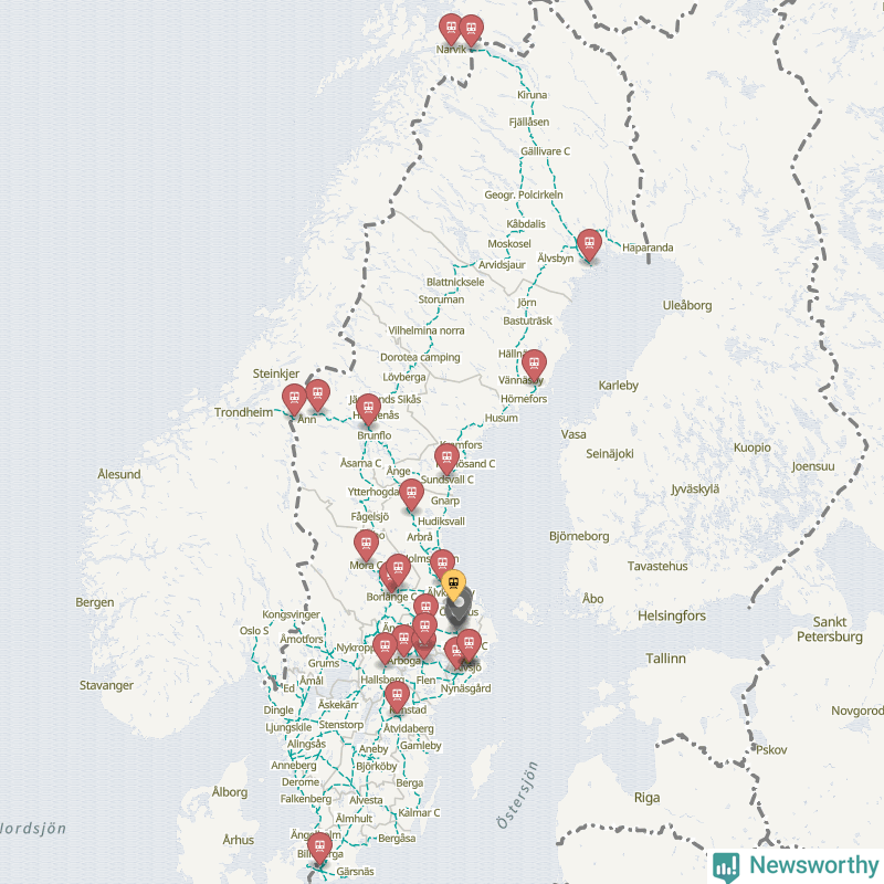 Karta över förseningar vid olika avgångsstationer