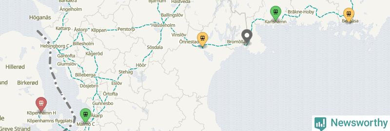 Karta över förseningar vid olika avgångsstationer. Här visas stationer med fler än fem avgångar under månaden.