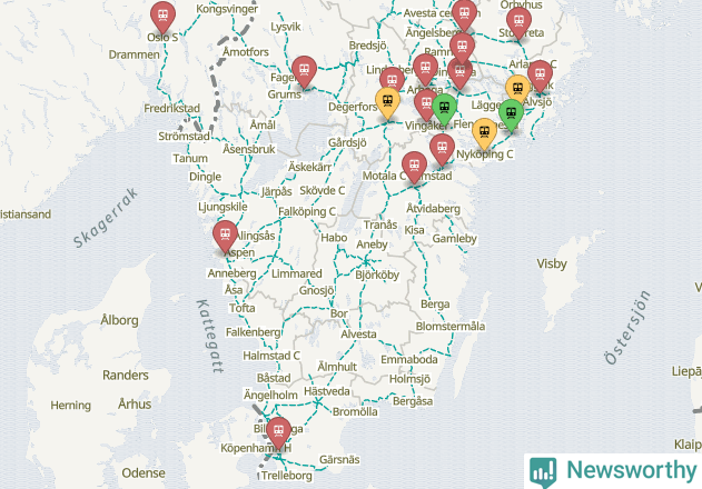 Karta över förseningar vid olika avgångsstationer.