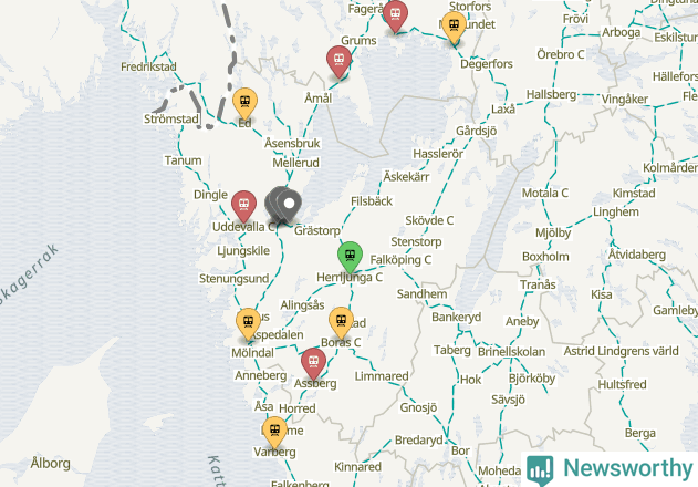 Karta över förseningar vid olika avgångsstationer.