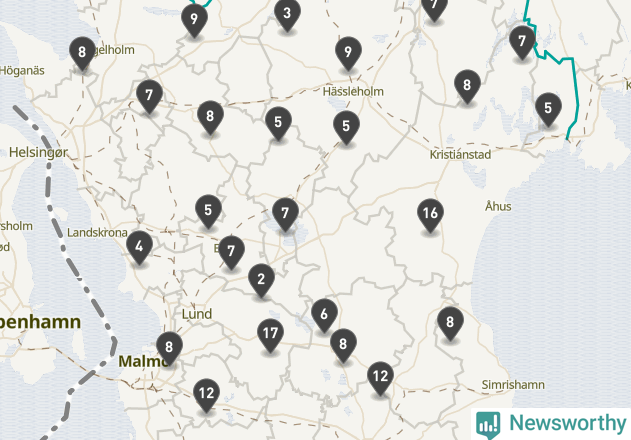 Karta över viltolyckor i Skåne län
