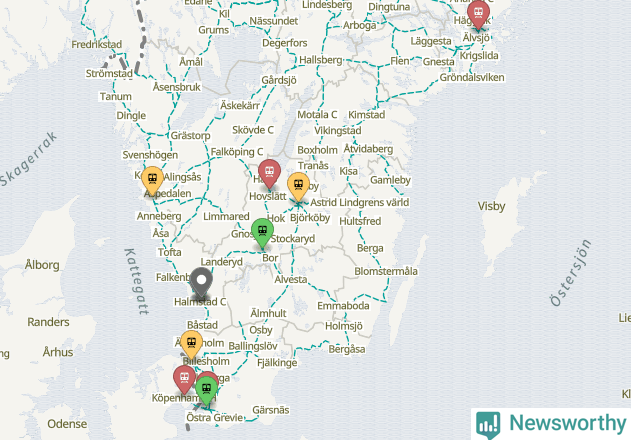 Karta över förseningar vid olika avgångsstationer.