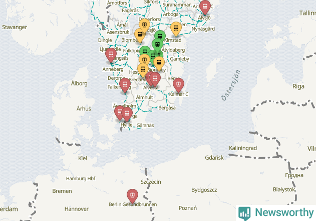 Karta över förseningar vid olika avgångsstationer.