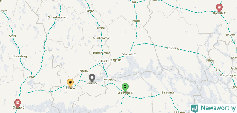 Karta över förseningar vid olika avgångsstationer. Här visas stationer med fler än fem avgångar under månaden.