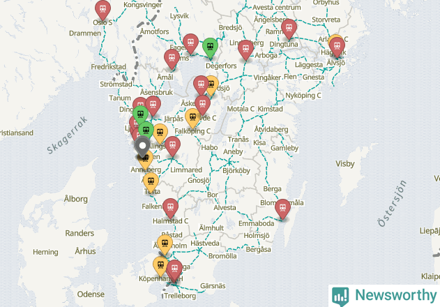 Karta över förseningar vid olika avgångsstationer.