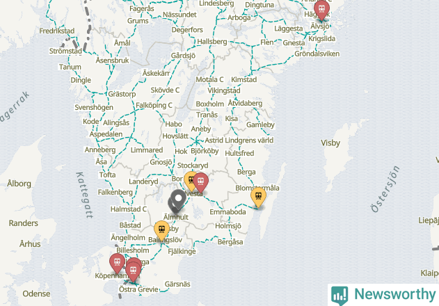 Karta över förseningar vid olika avgångsstationer.