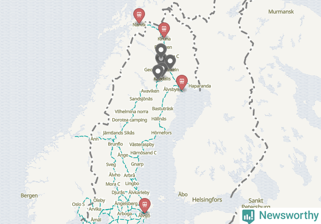 Karta över förseningar vid olika avgångsstationer. Här visas stationer med fler än fem avgångar under månaden.