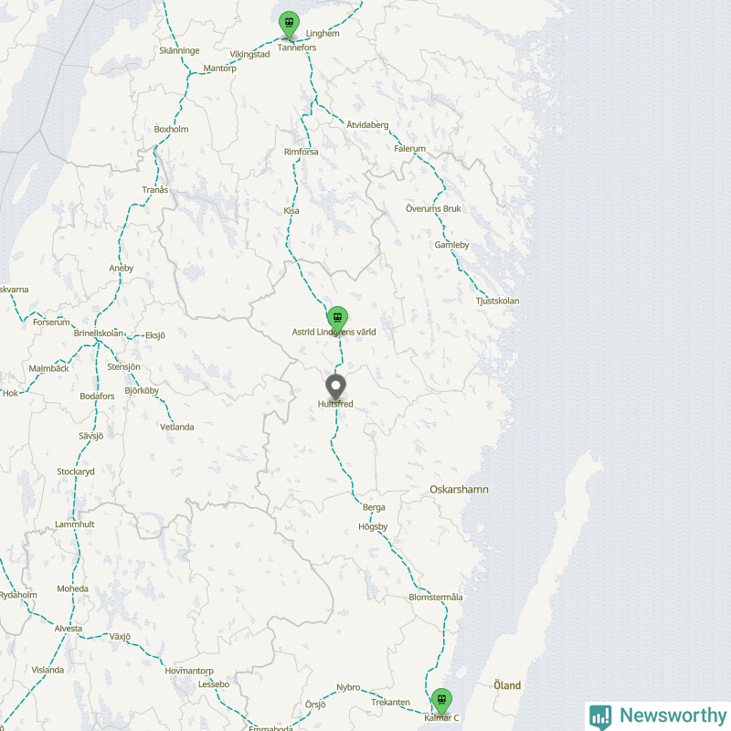Karta över förseningar vid olika avgångsstationer. Här visas stationer med fler än fem avgångar under månaden.