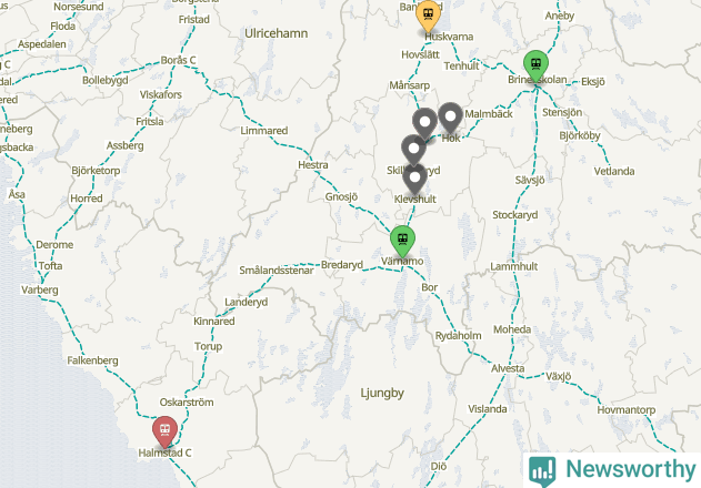 Karta över förseningar vid olika avgångsstationer.