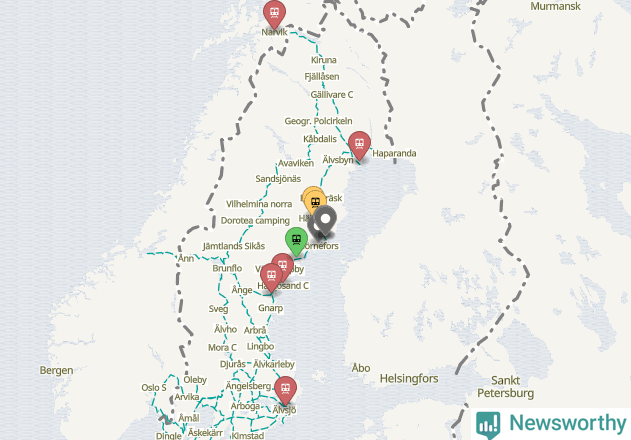 Karta över förseningar vid olika avgångsstationer.