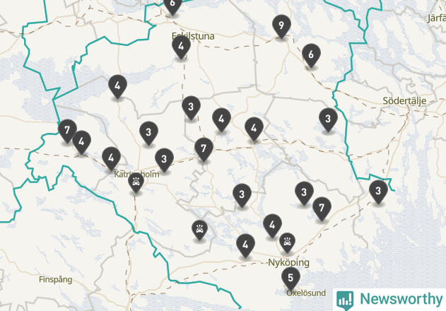 Karta över viltolyckor i Södermanlands län