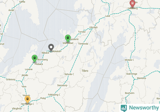 Karta över förseningar vid olika avgångsstationer.