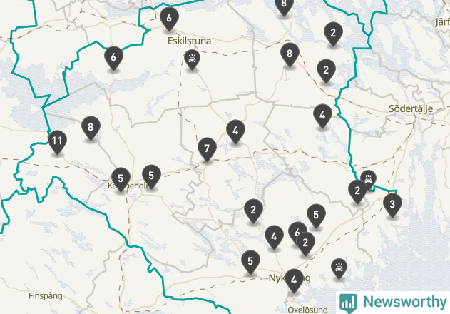 Karta över viltolyckor i Södermanlands län