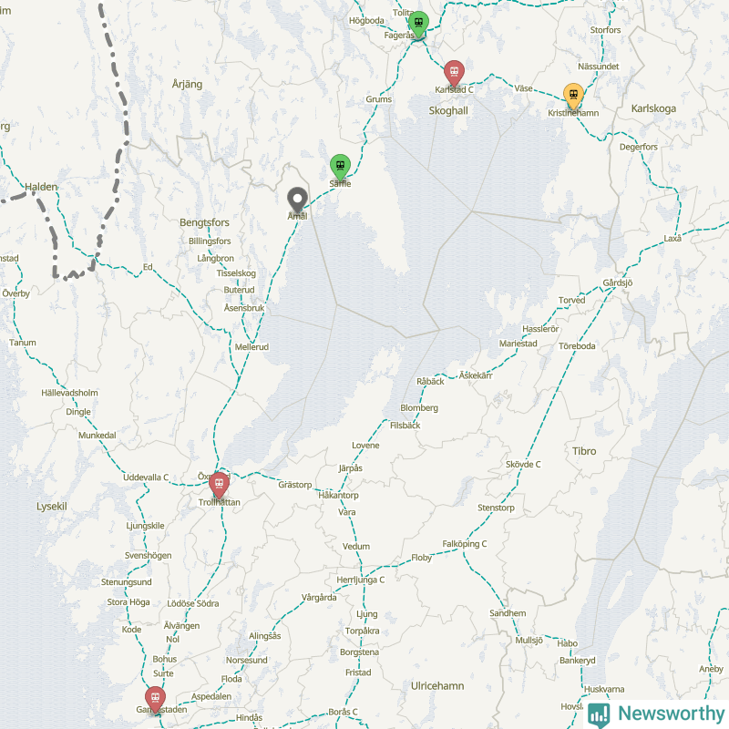 Karta över förseningar vid olika avgångsstationer. Här visas stationer med fler än fem avgångar under månaden.
