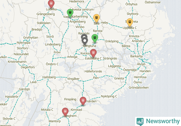 Karta över förseningar vid olika avgångsstationer.